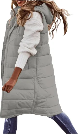 Long Puffer Vest Women with Hood Sleveless Casual Quilted Jacket Outdoor Puffer Down Vest Warm Winter Coat Outerwear