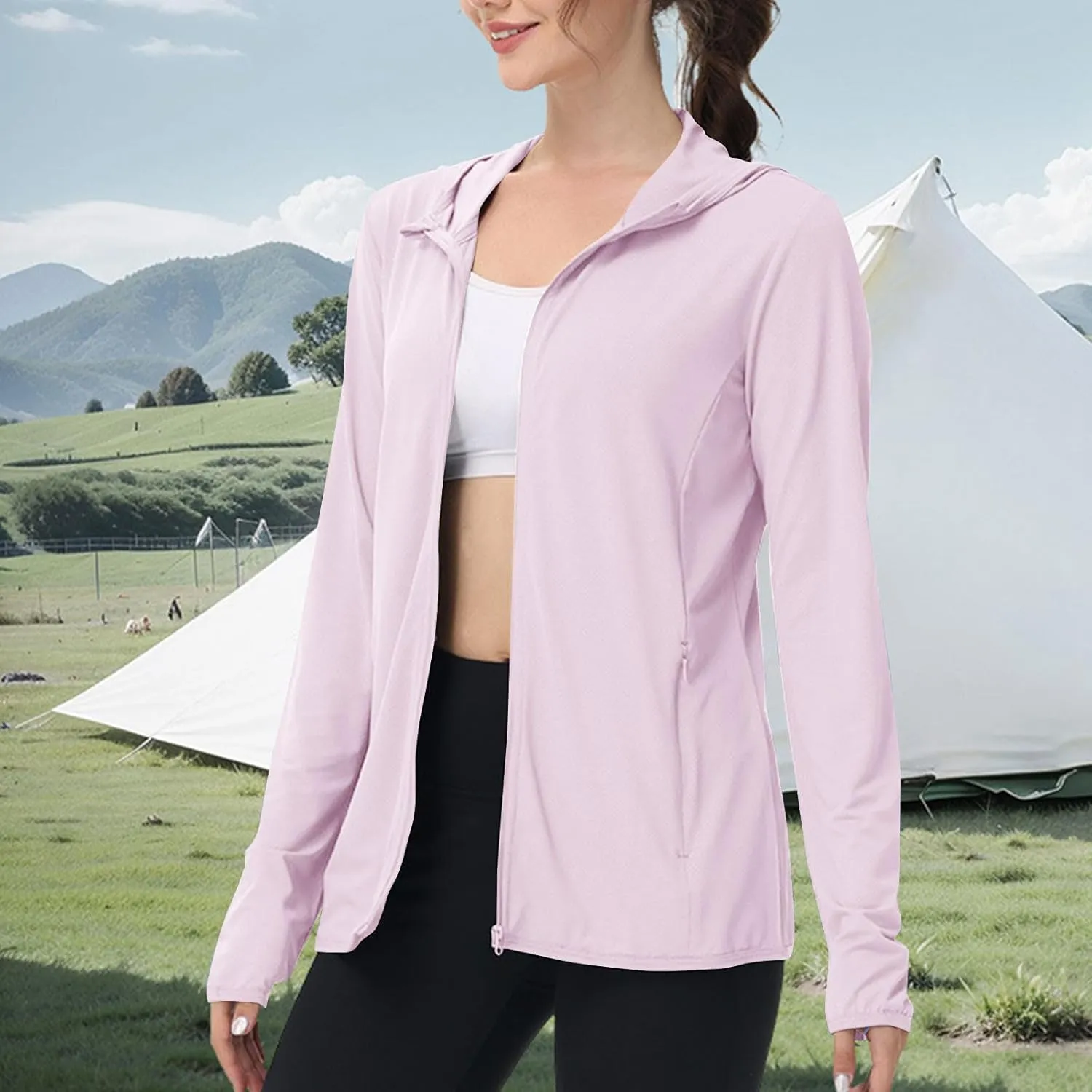Long Sleeve Shirts for Women Sun Protection Clothing Women's UPF50  Workout Tops with Zip Pockets