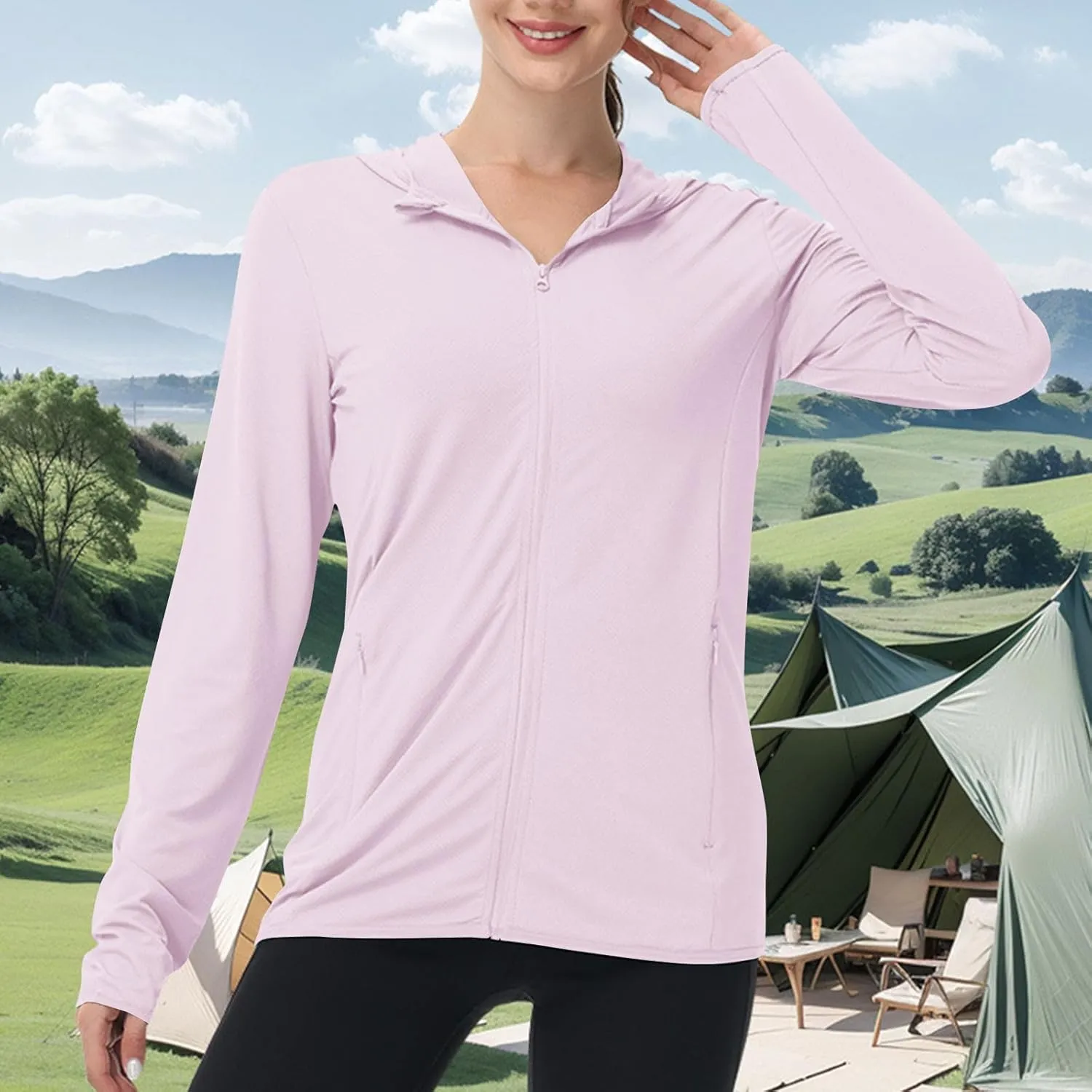 Long Sleeve Shirts for Women Sun Protection Clothing Women's UPF50  Workout Tops with Zip Pockets
