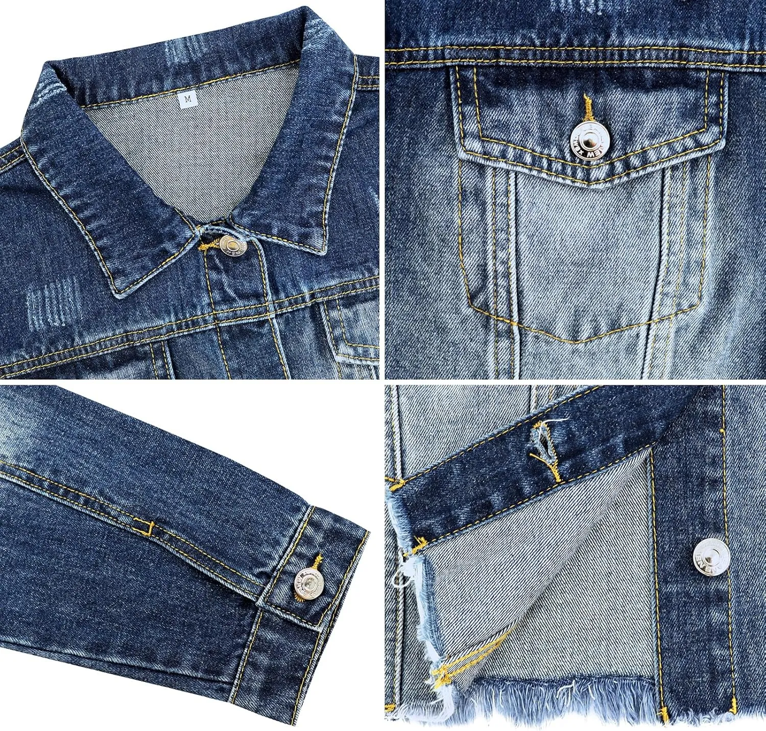 LONGYIDA Women's Cropped Denim Jacket | Distressed Button-Down Jean Jacket | Long Sleeve Ripped & Frayed Blue Coat