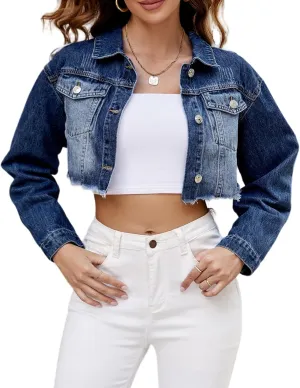 LONGYIDA Women's Cropped Denim Jacket | Distressed Button-Down Jean Jacket | Long Sleeve Ripped & Frayed Blue Coat