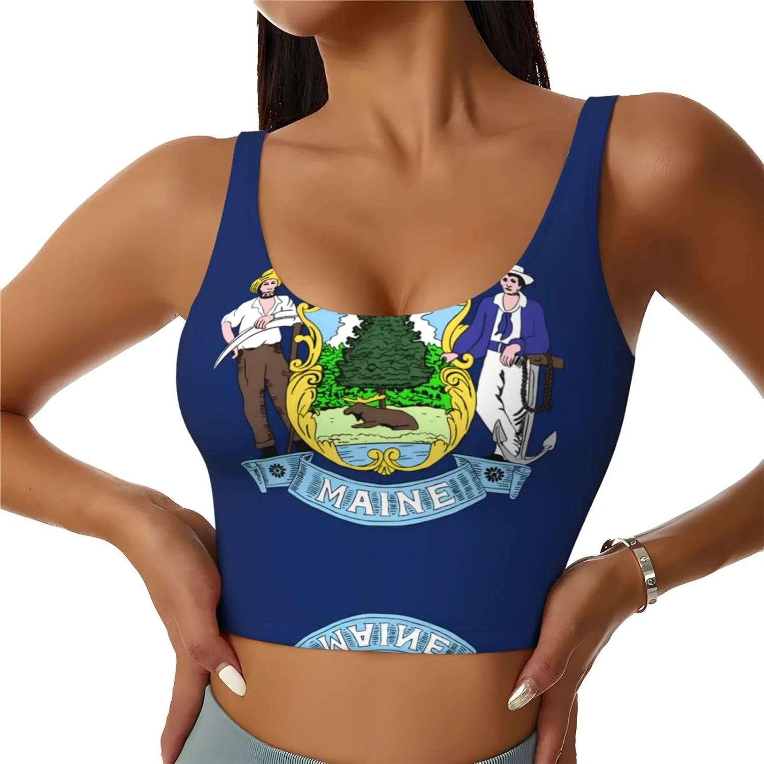 Maine State Flag Women's Sexy Sports Vest Sleeveless Athletic Gym T-Shirts Vest U-Shaped Back Quick Dry Top