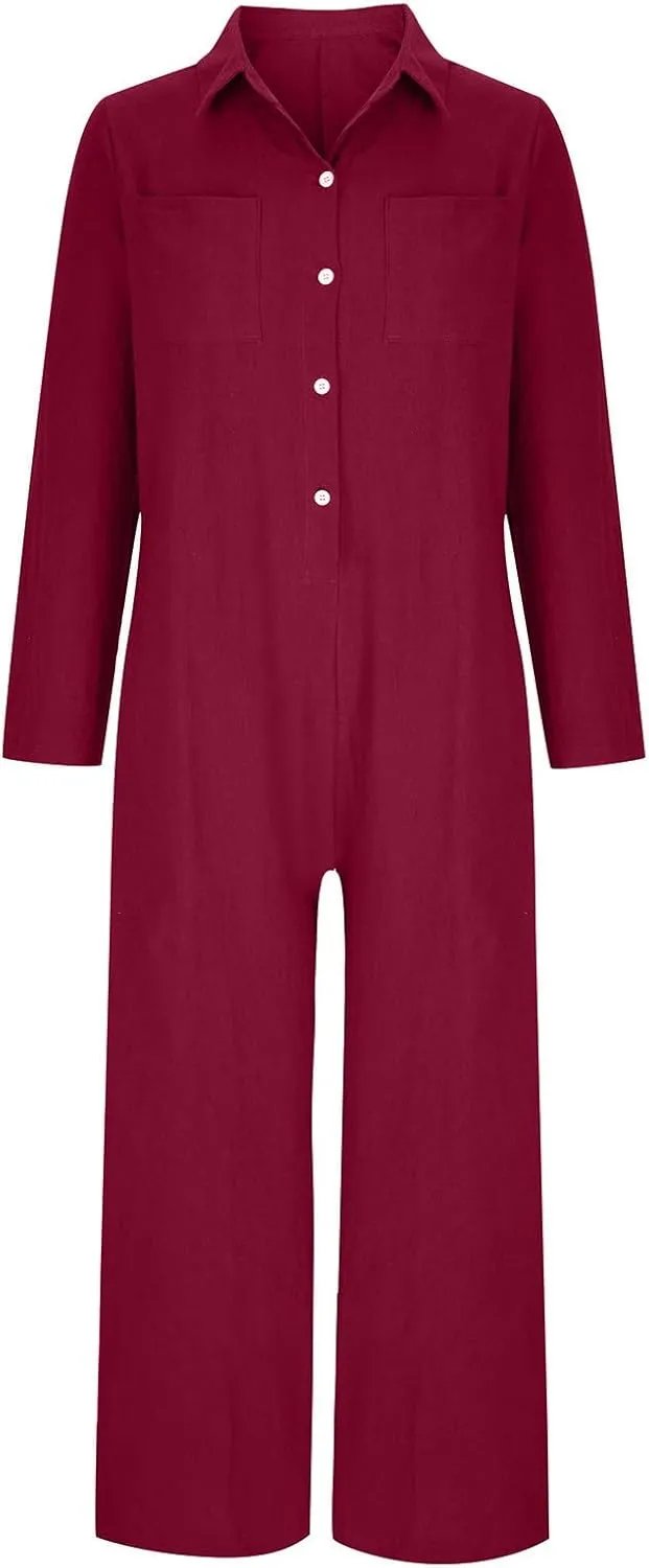 maisdgop Rompers for Women Linen Button down Long Sleeve Wide Leg Jumpsuit Beach Palazzo Pants Casual One Piece Jumpsuits