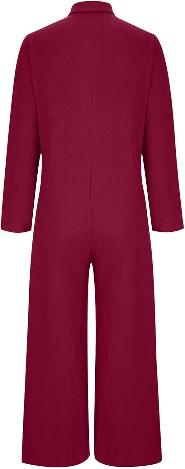 maisdgop Rompers for Women Linen Button down Long Sleeve Wide Leg Jumpsuit Beach Palazzo Pants Casual One Piece Jumpsuits