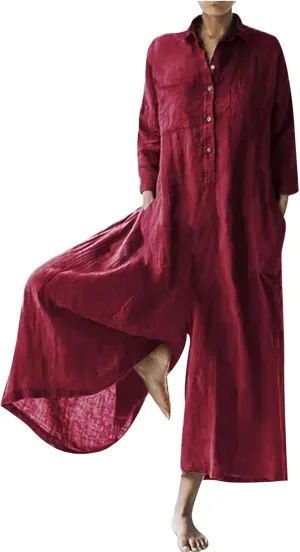 maisdgop Rompers for Women Linen Button down Long Sleeve Wide Leg Jumpsuit Beach Palazzo Pants Casual One Piece Jumpsuits