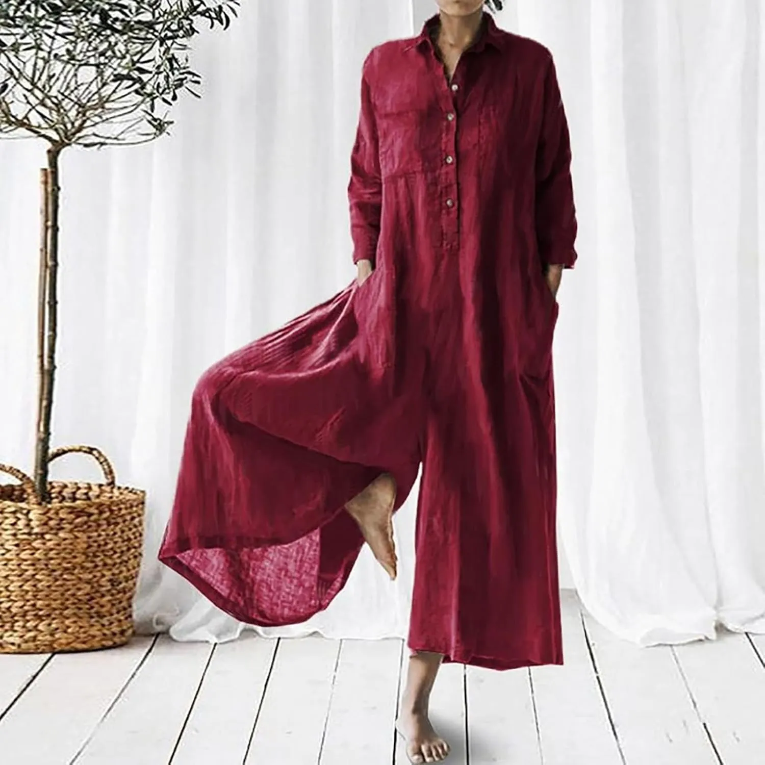 maisdgop Rompers for Women Linen Button down Long Sleeve Wide Leg Jumpsuit Beach Palazzo Pants Casual One Piece Jumpsuits