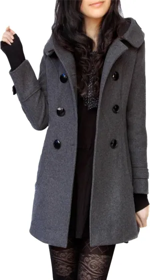 Maiyifu-GJ Womens Winter Wool Overcoat Double Breasted Wool Blend Trench Coat Mid Long Jacket Outerwear with Hood