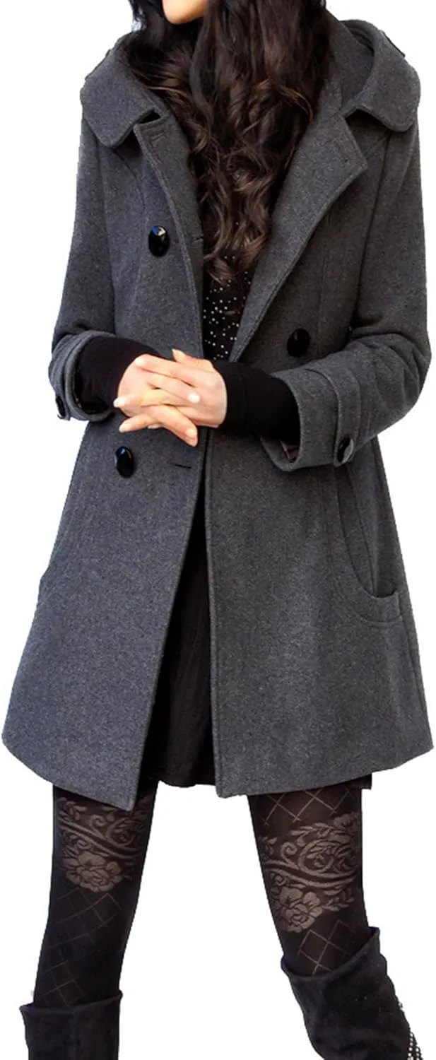 Maiyifu-GJ Womens Winter Wool Overcoat Double Breasted Wool Blend Trench Coat Mid Long Jacket Outerwear with Hood