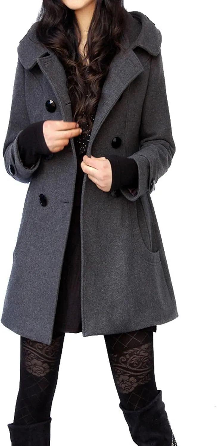 Maiyifu-GJ Womens Winter Wool Overcoat Double Breasted Wool Blend Trench Coat Mid Long Jacket Outerwear with Hood