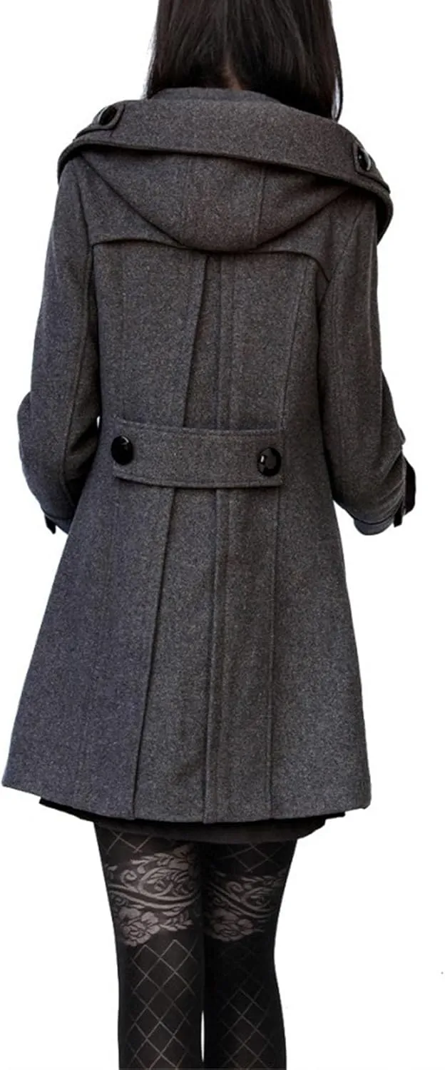 Maiyifu-GJ Womens Winter Wool Overcoat Double Breasted Wool Blend Trench Coat Mid Long Jacket Outerwear with Hood