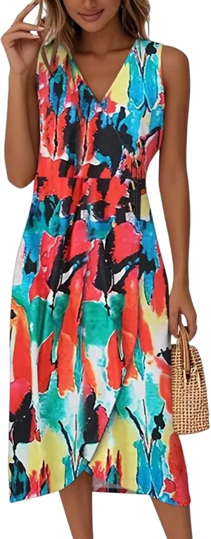 Maxi Dresses for Women 2025 Summer V Neck Loose Irregular Hem Tank Dress Casual Wrap Sundress Printed Beach Vacation Dress