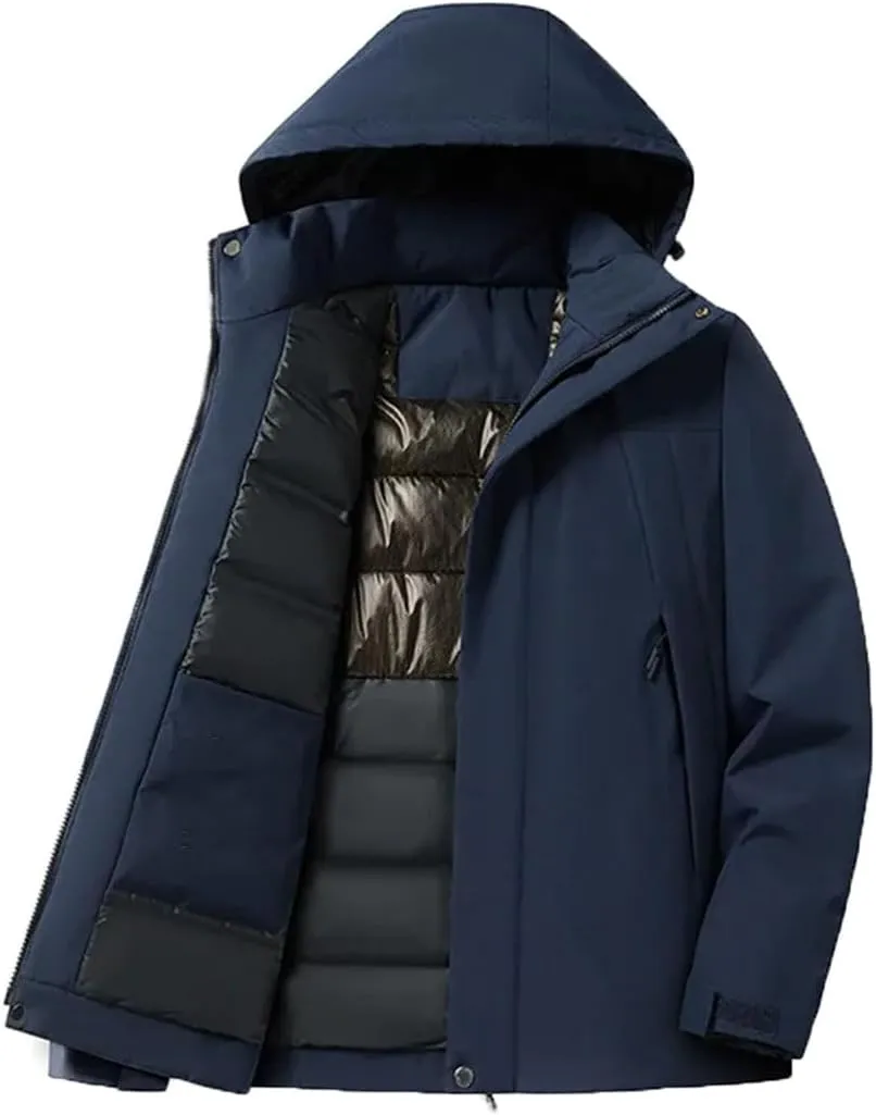 Men Winter Padded Windproof Hooded Jackets Warm Detachable Hat Thicken Jackets Outdoor Hiking Coat Couple Top