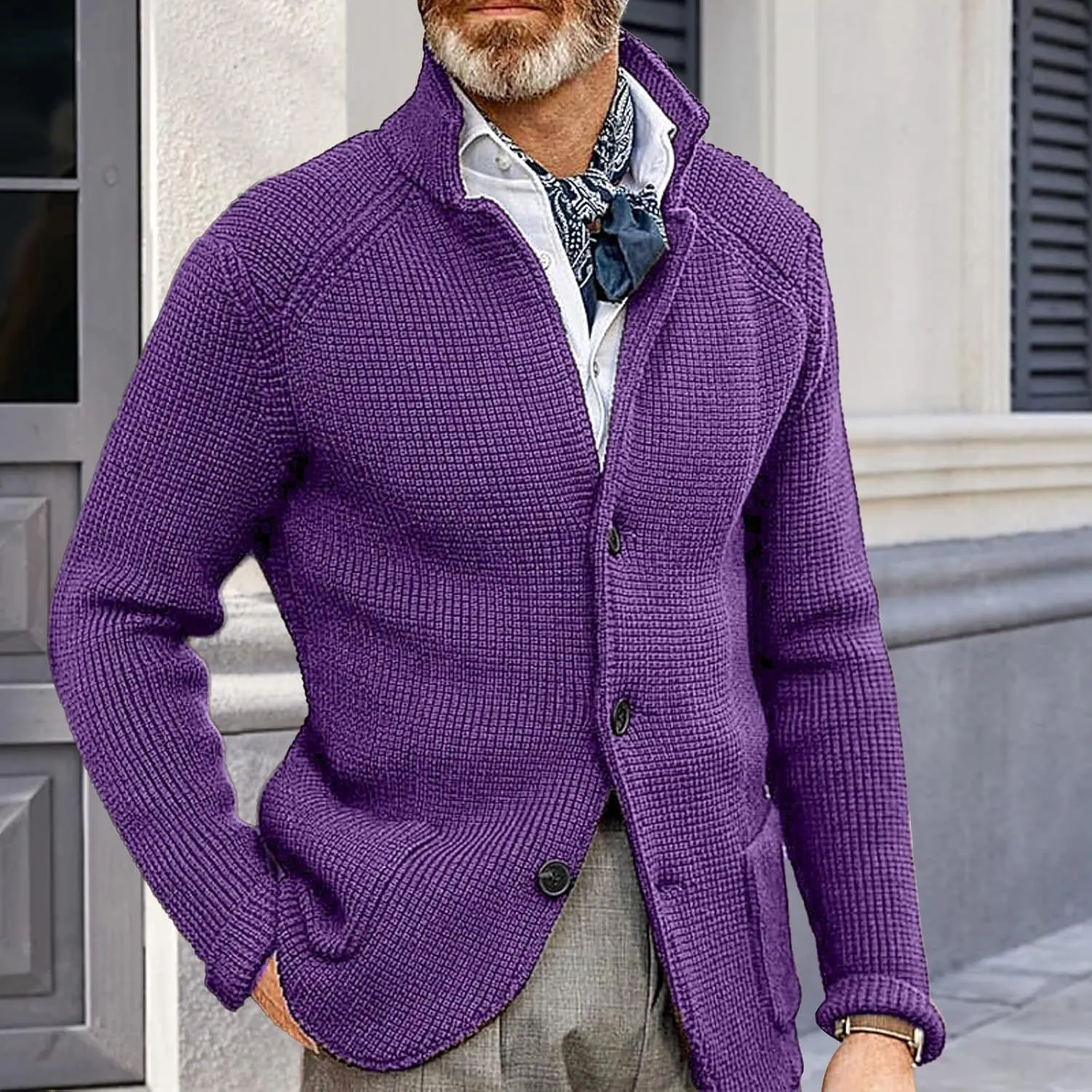 Mens Button Down Cardigan Sweaters Long Sleeve Stand Collar Coat Casual Knit Sweaters