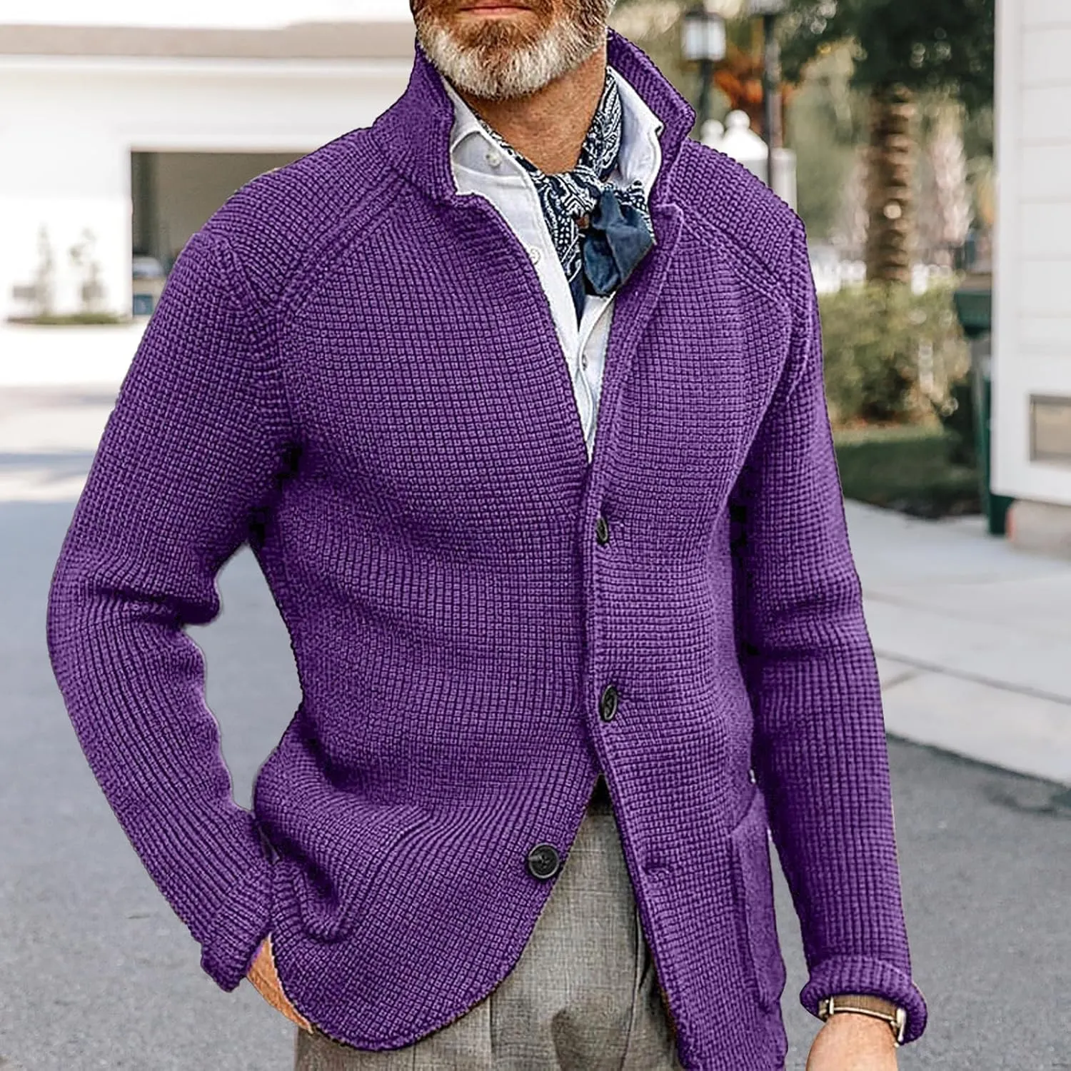 Mens Button Down Cardigan Sweaters Long Sleeve Stand Collar Coat Casual Knit Sweaters