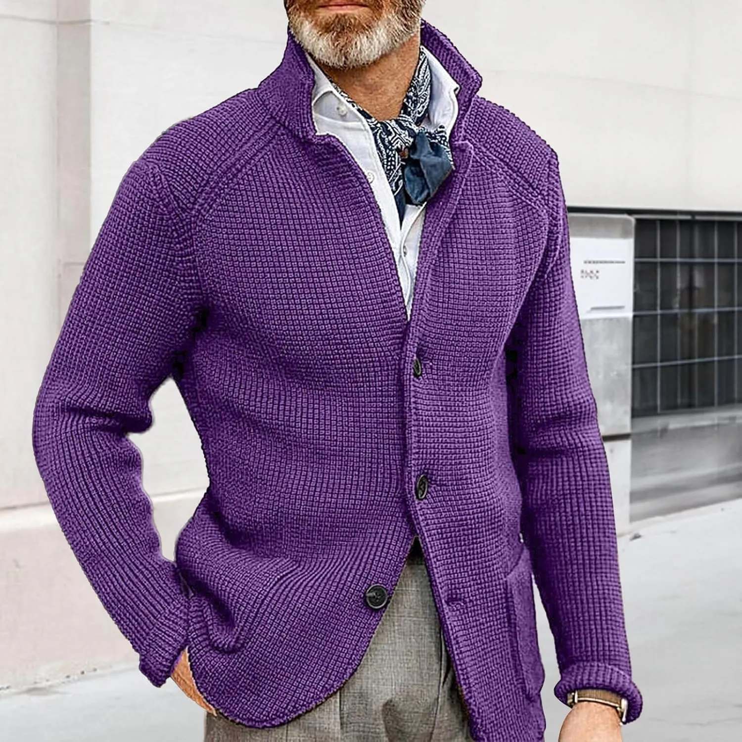 Mens Button Down Cardigan Sweaters Long Sleeve Stand Collar Coat Casual Knit Sweaters