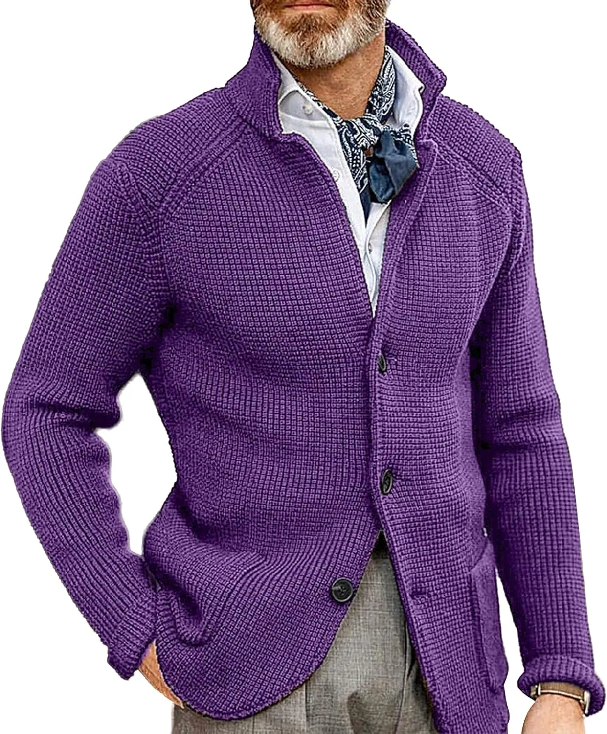 Mens Button Down Cardigan Sweaters Long Sleeve Stand Collar Coat Casual Knit Sweaters
