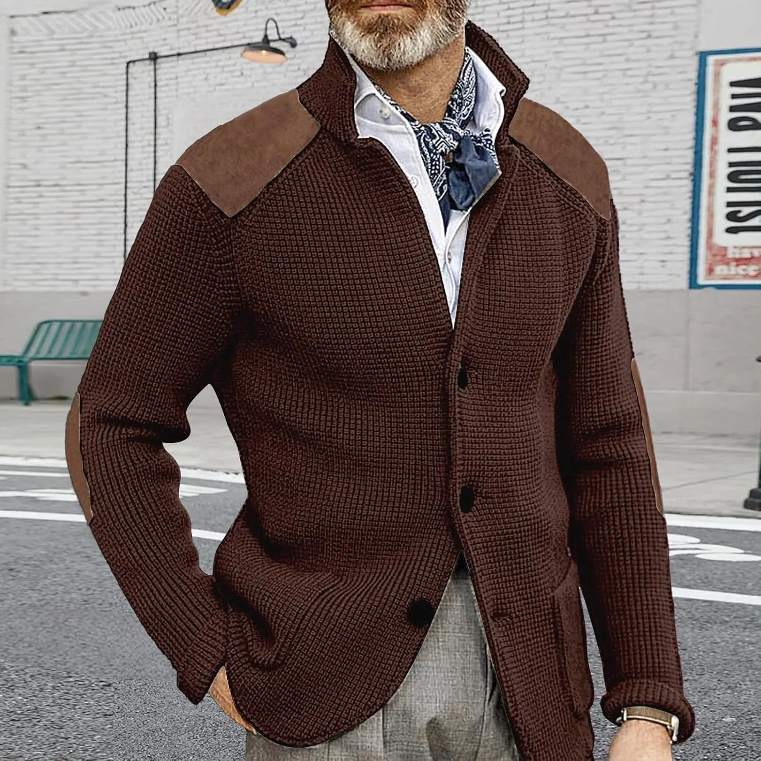 Mens Button Down Cardigan Sweaters Long Sleeve Stand Collar Coat Casual Knit Sweaters