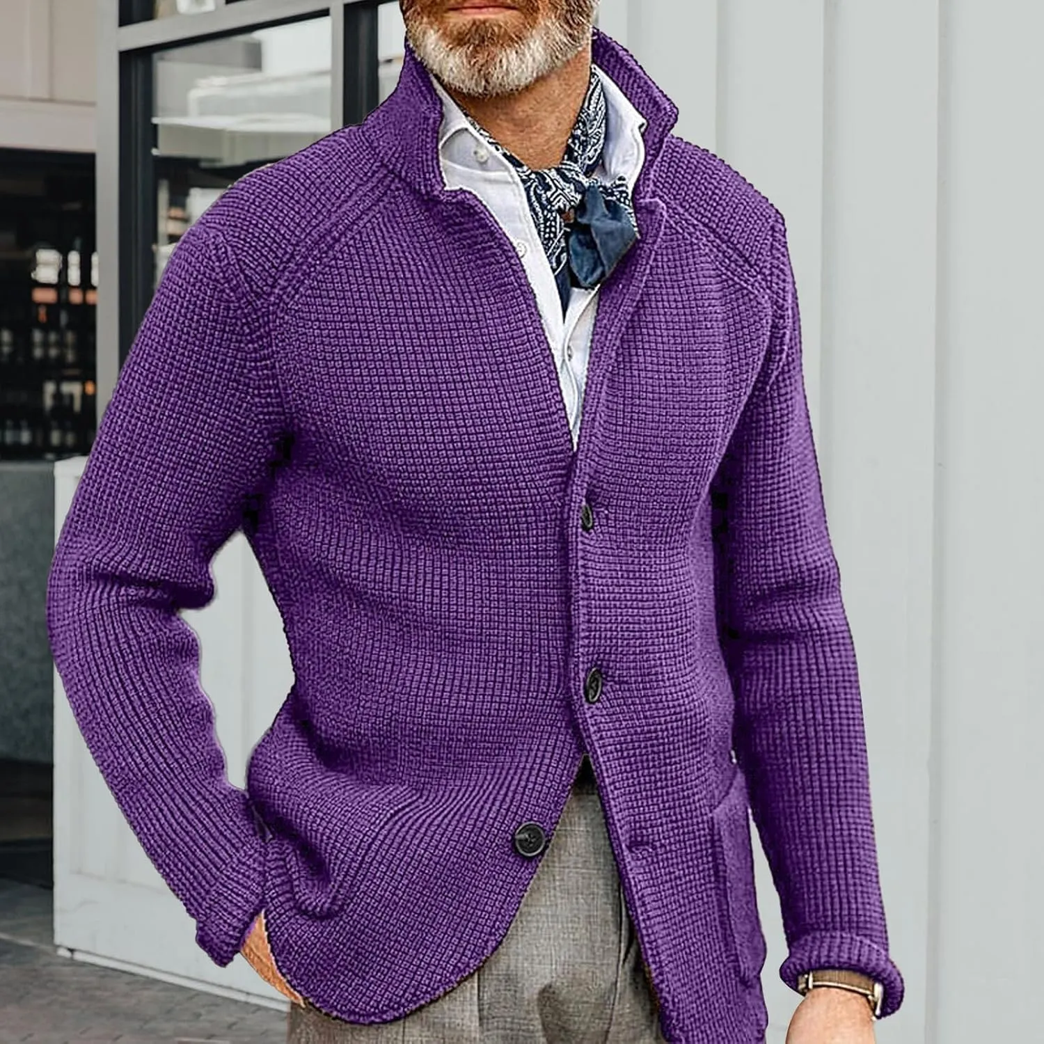 Mens Button Down Cardigan Sweaters Long Sleeve Stand Collar Coat Casual Knit Sweaters