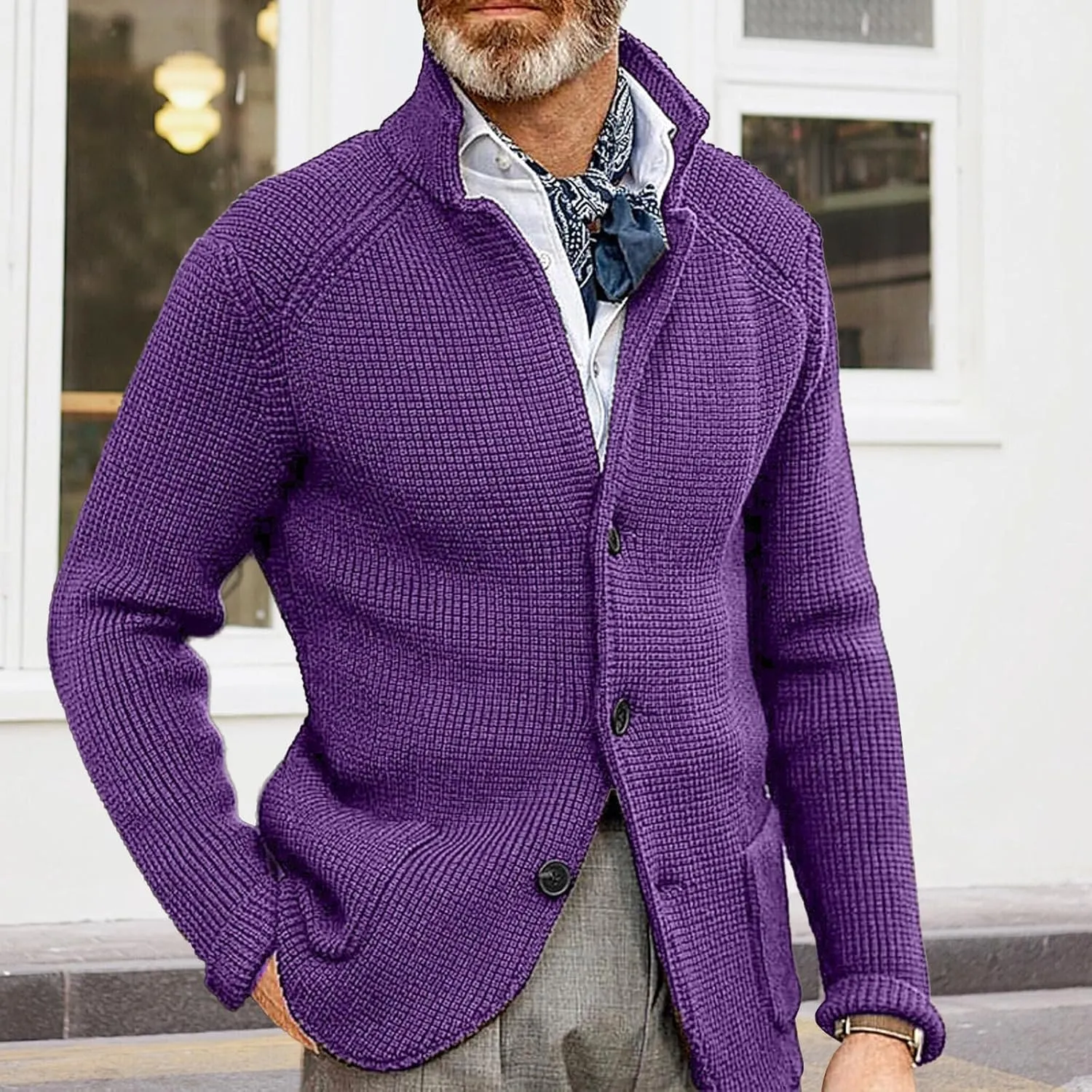 Mens Button Down Cardigan Sweaters Long Sleeve Stand Collar Coat Casual Knit Sweaters