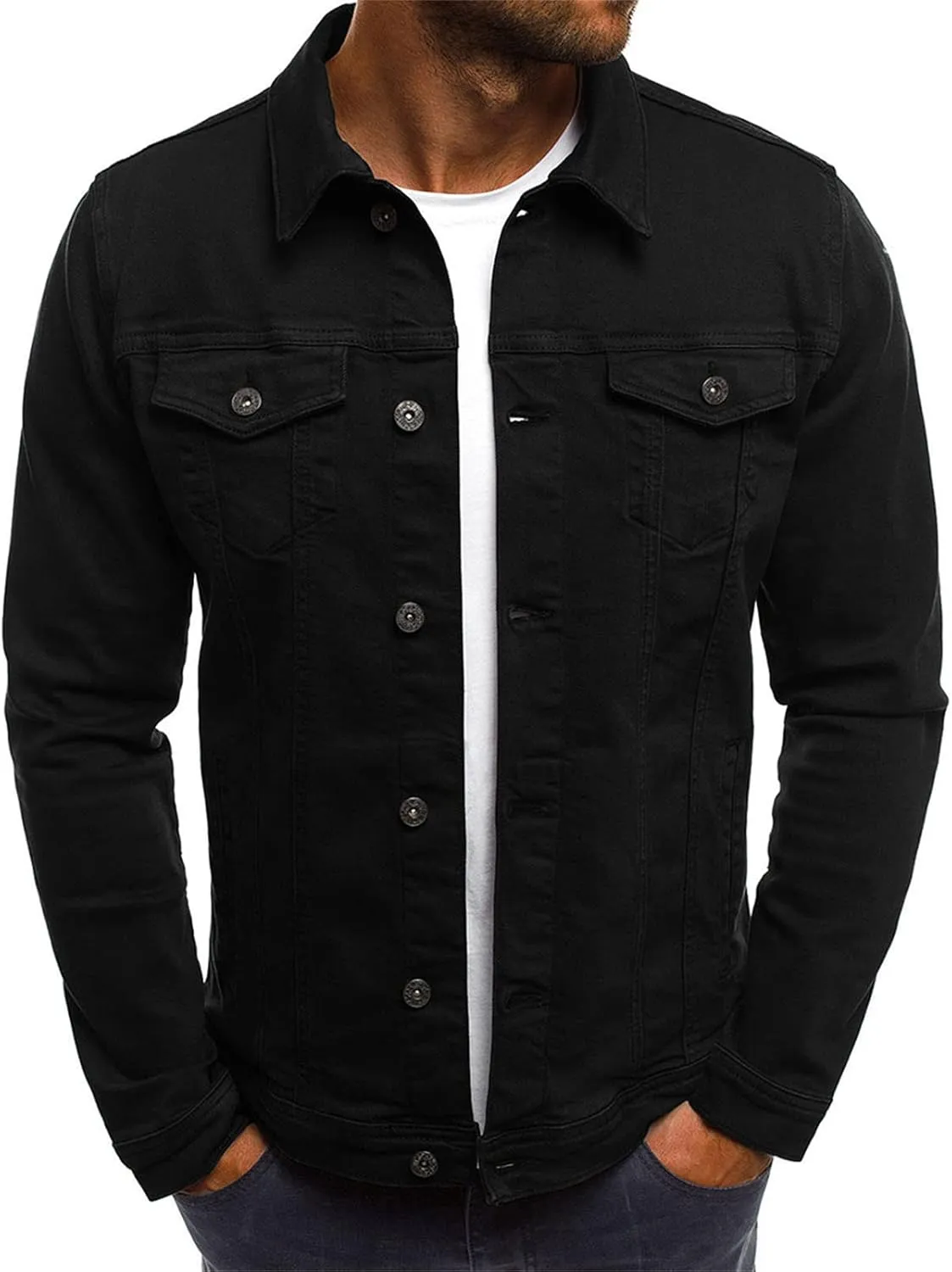 Mens Buttons Denim Jacket Ripped Slim Jean Jacket Coat Trucker Jacket Relaxed Fit Denim Sherpa-Lined Jacket