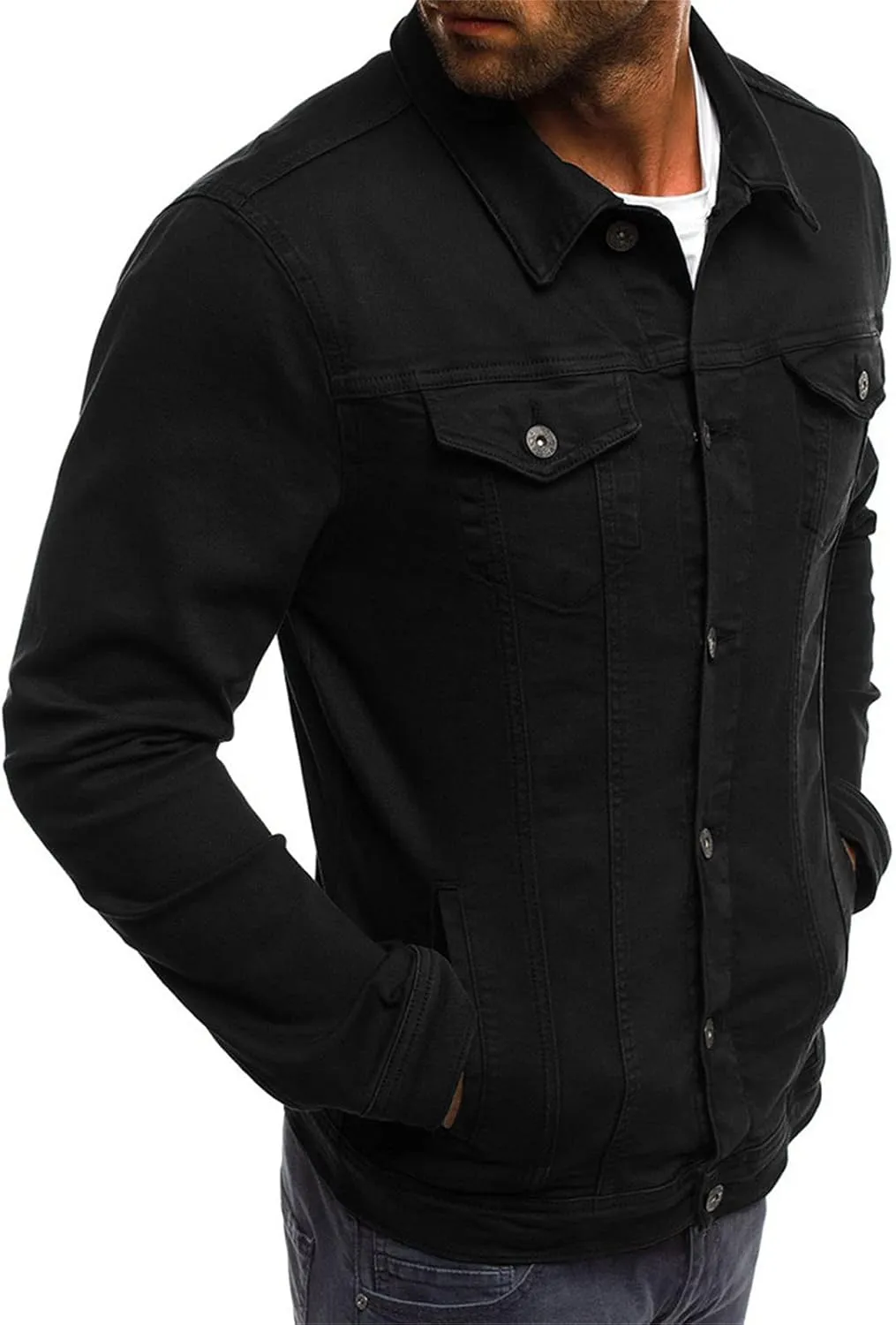 Mens Buttons Denim Jacket Ripped Slim Jean Jacket Coat Trucker Jacket Relaxed Fit Denim Sherpa-Lined Jacket