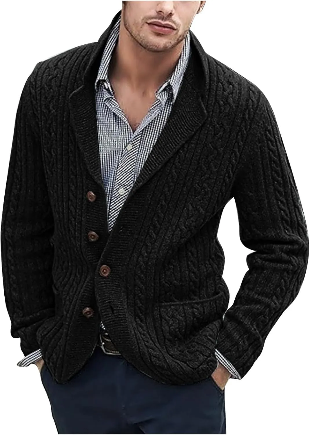 Men's Cable Knit Cardigan Sweaters Casual Button Down Sweaters Winter Knit Sweater Big and Tall Cardigan Sweaters
