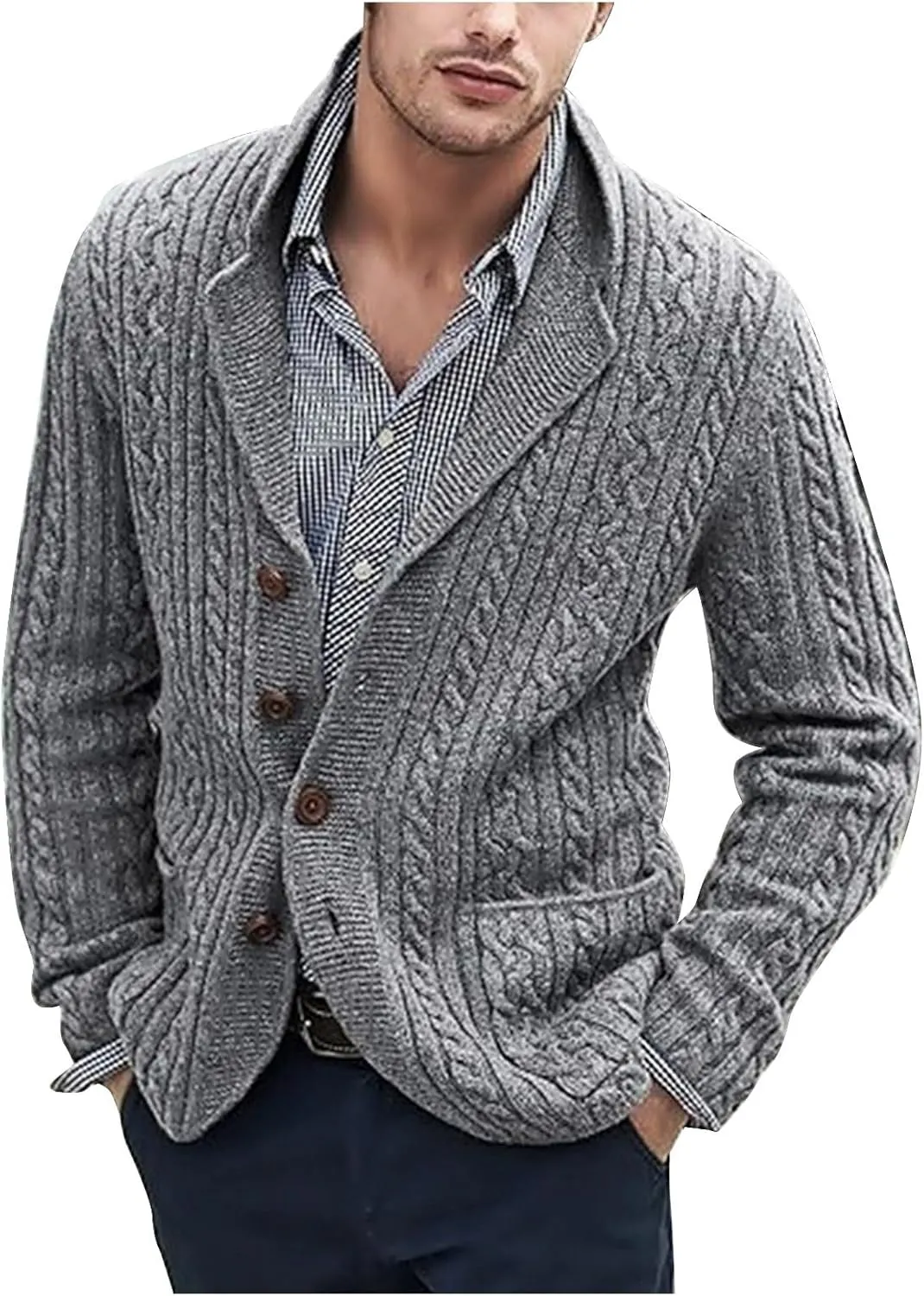 Men's Cable Knit Cardigan Sweaters Casual Button Down Sweaters Winter Knit Sweater Big and Tall Cardigan Sweaters