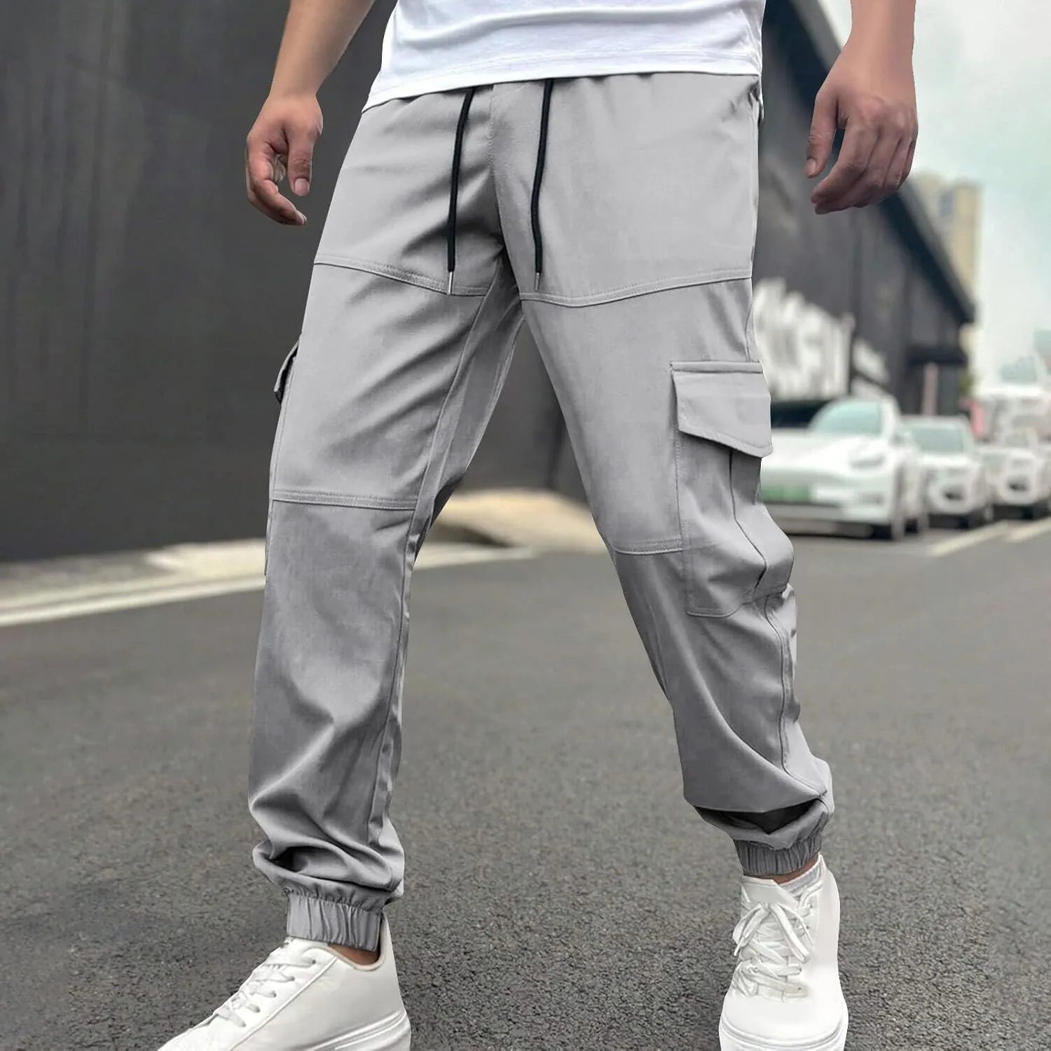 Men's Cargo Pants Joggers Drawstring Waist Multi Pocket Bottoms Loose Fit for Streetwear Gym or Travel