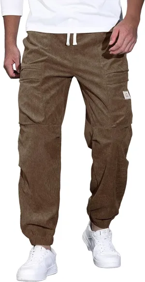 Mens Corduroy Joggers Pants Casual Cargo Pants Drawstring Elastic Waist Baggy Tapered Sweatpants with Pockets