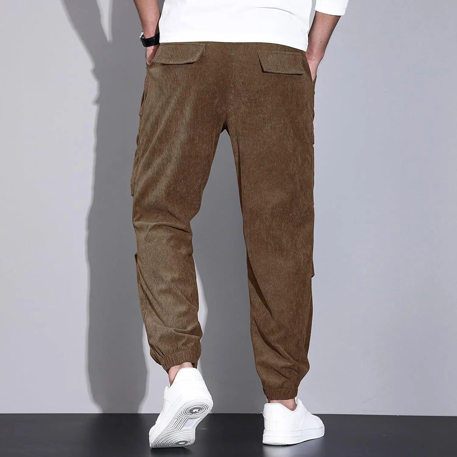 Mens Corduroy Joggers Pants Casual Cargo Pants Drawstring Elastic Waist Baggy Tapered Sweatpants with Pockets