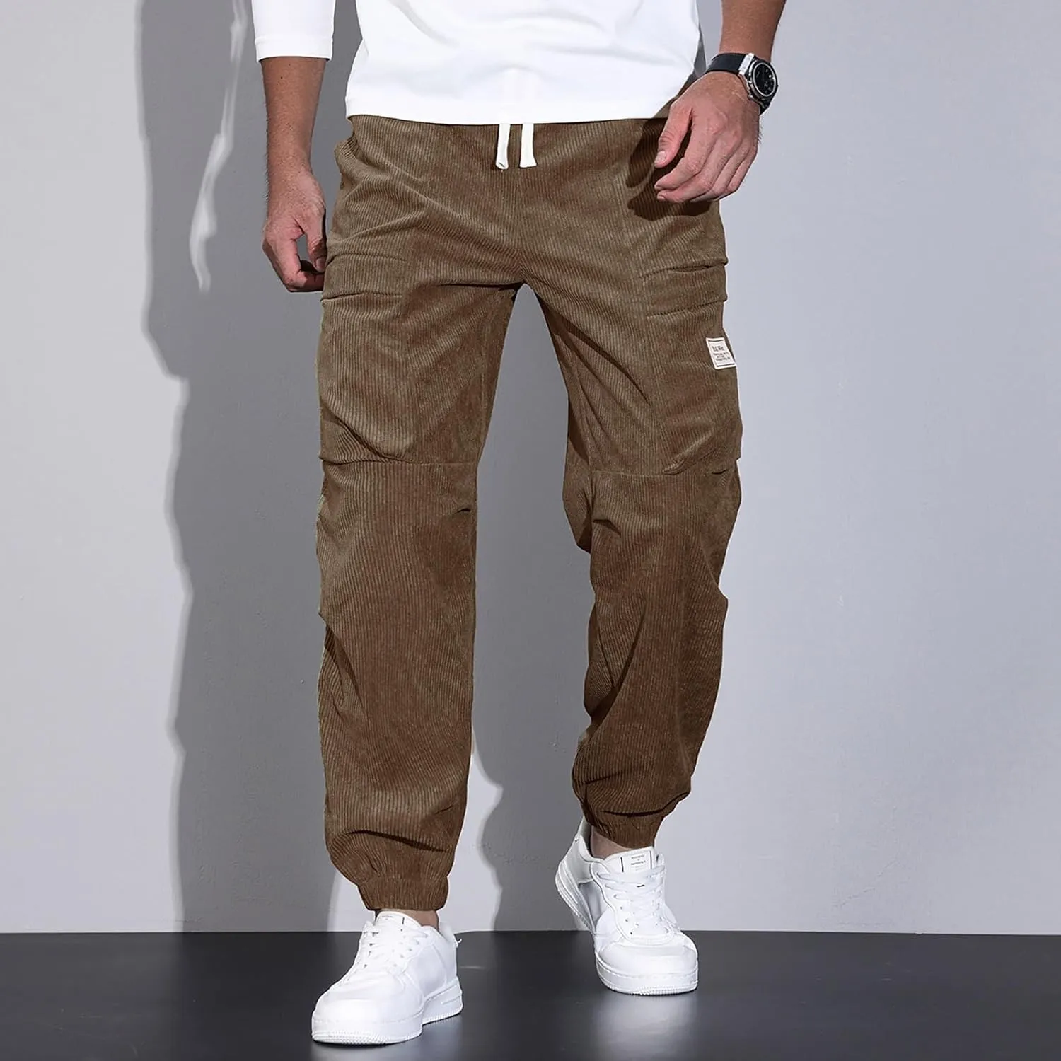 Mens Corduroy Joggers Pants Casual Cargo Pants Drawstring Elastic Waist Baggy Tapered Sweatpants with Pockets