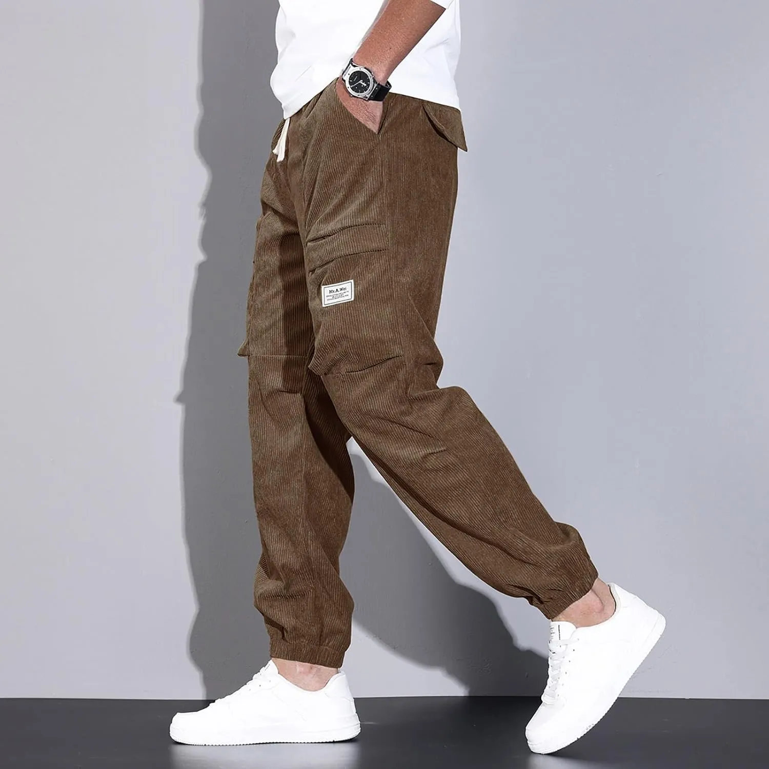 Mens Corduroy Joggers Pants Casual Cargo Pants Drawstring Elastic Waist Baggy Tapered Sweatpants with Pockets