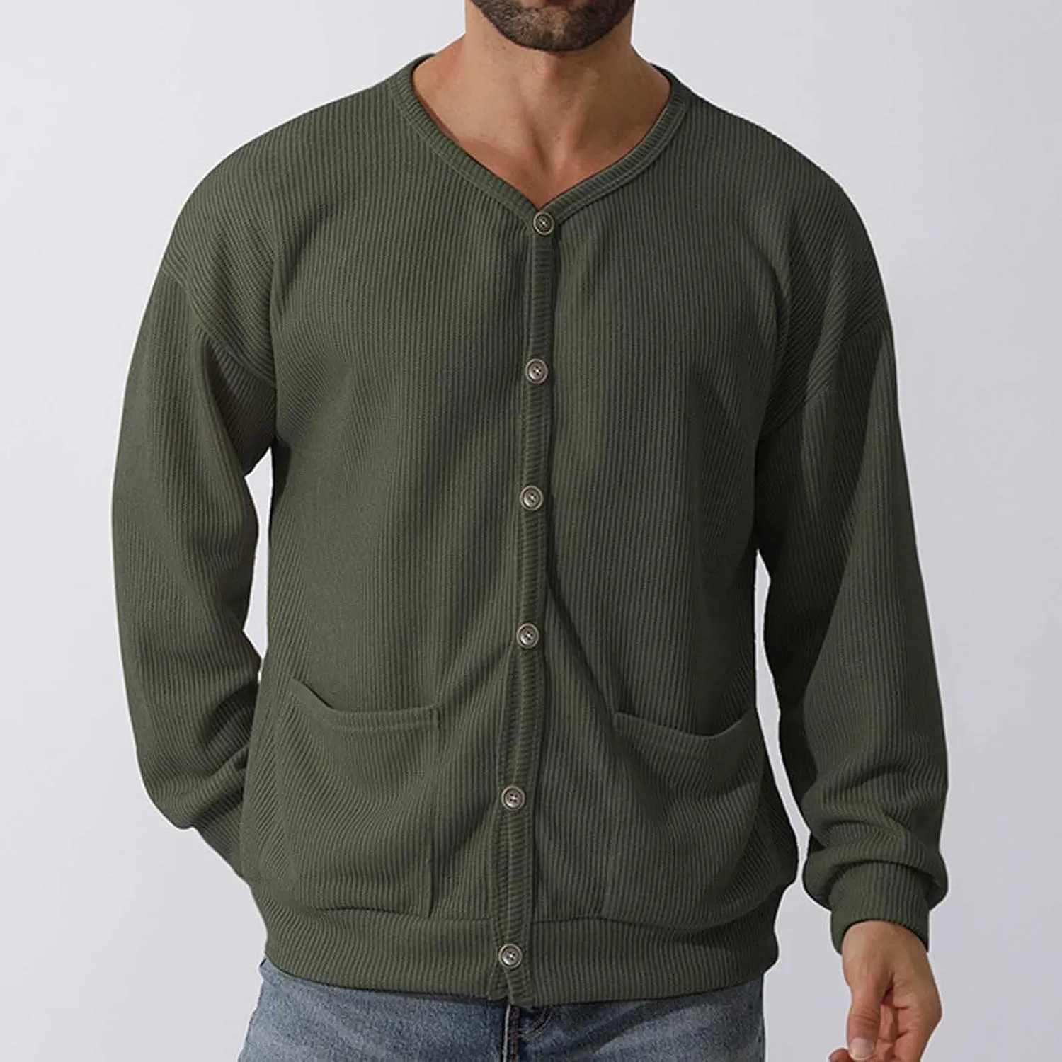 Men's Cotton Shawl-Collar Cardigan Sweater Long Sleeve Crewneck Button Down Outerwear Sweater Coat with Pockets