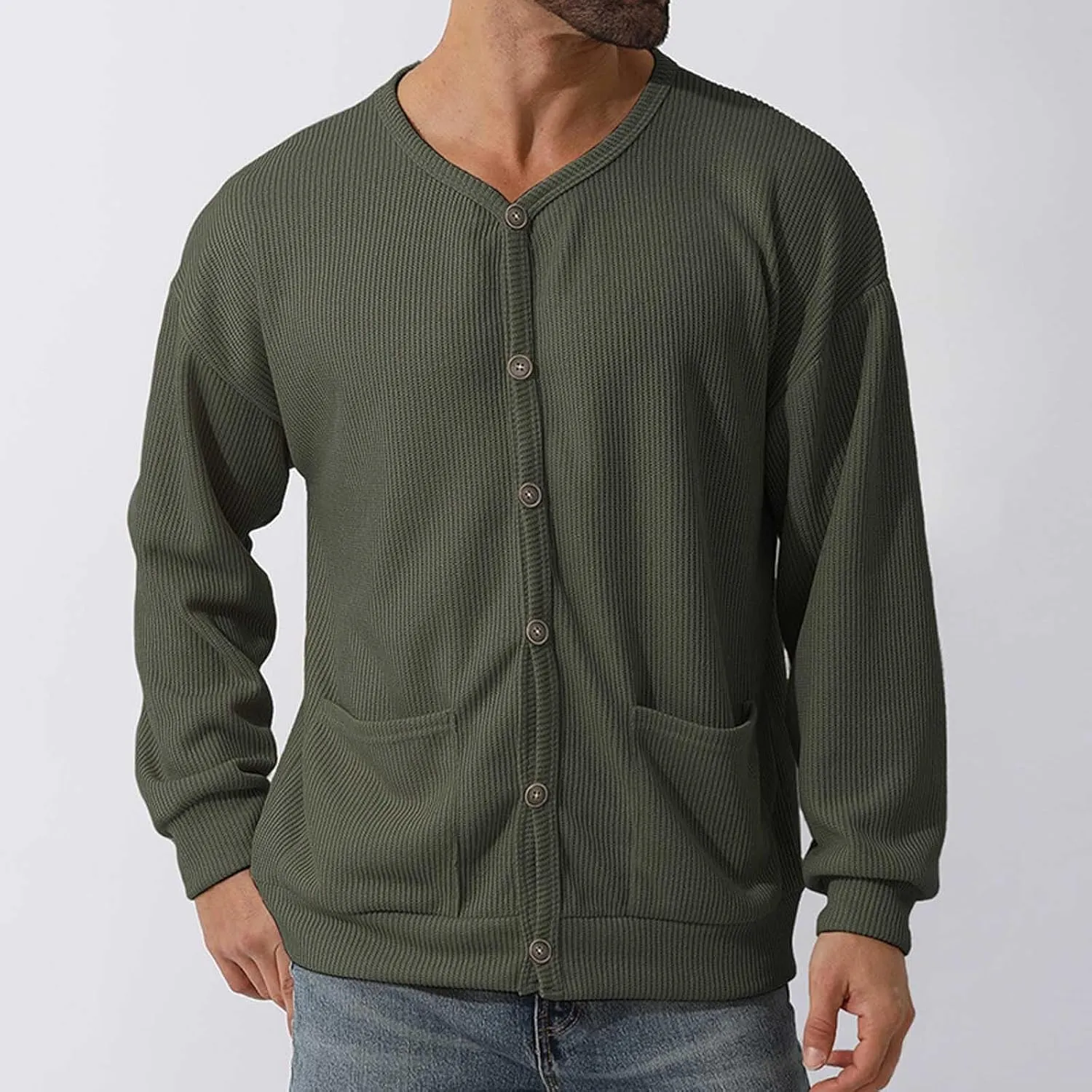 Men's Cotton Shawl-Collar Cardigan Sweater Long Sleeve Crewneck Button Down Outerwear Sweater Coat with Pockets