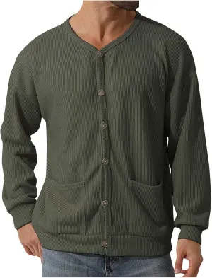 Men's Cotton Shawl-Collar Cardigan Sweater Long Sleeve Crewneck Button Down Outerwear Sweater Coat with Pockets