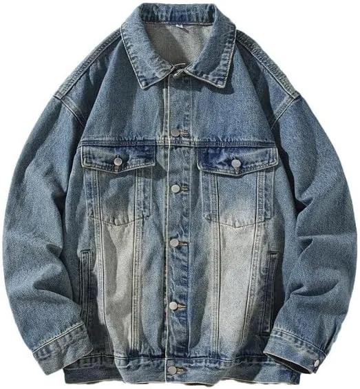 Men's Denim Jacket Casual Regular Fit Button Down Long Sleeve Jean Trucker Jacket Distressed Ripped Trucker Jacket