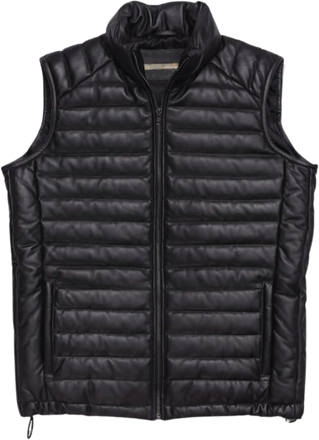 Men's Down Puffer Lamb Leather Vest, Quilted Bubble Jacket, Sleeveless, Full Zipper, Lightweight