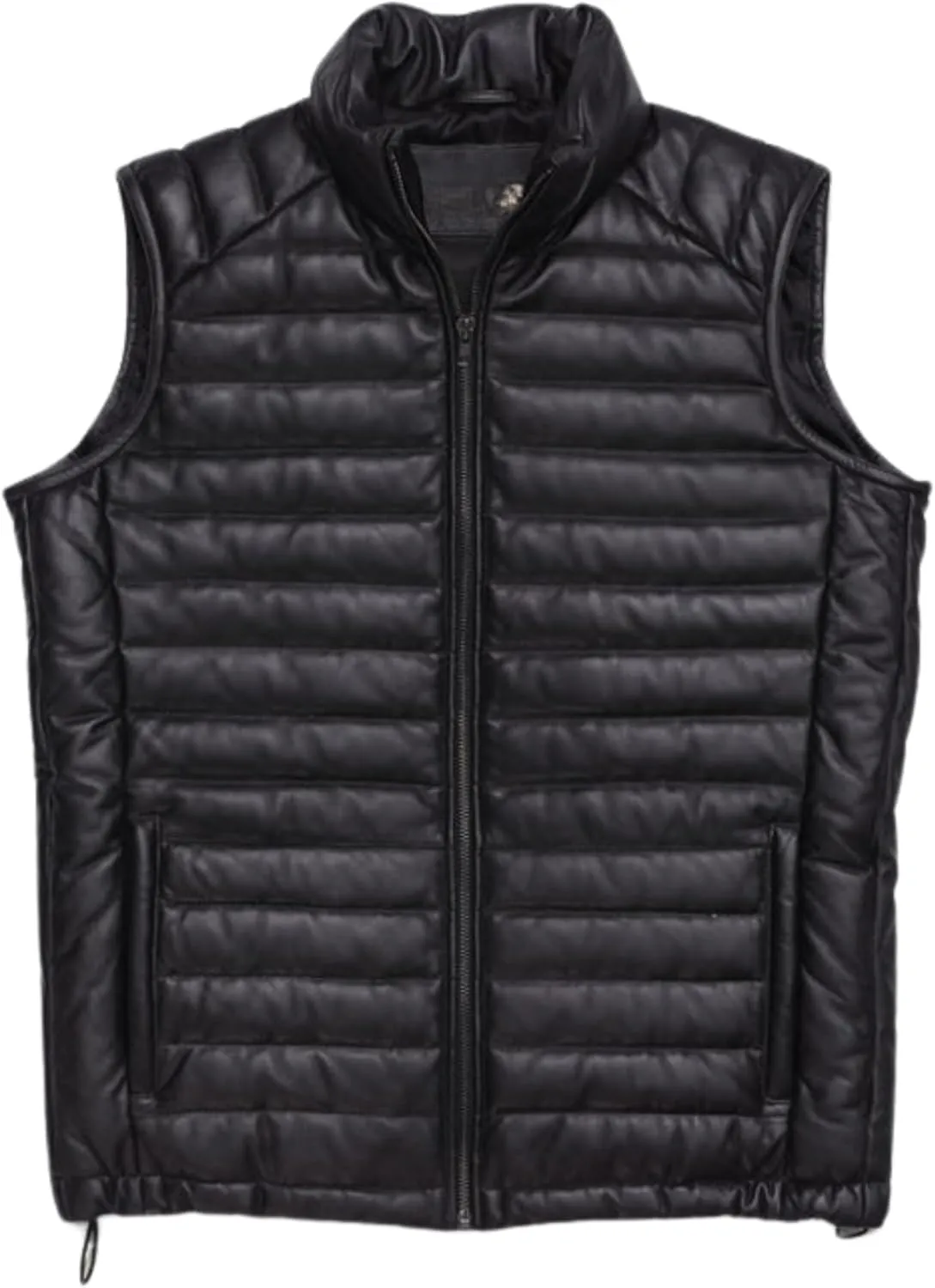 Men's Down Puffer Lamb Leather Vest, Quilted Bubble Jacket, Sleeveless, Full Zipper, Lightweight