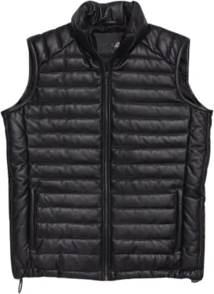 Men's Down Puffer Lamb Leather Vest, Quilted Bubble Jacket, Sleeveless, Full Zipper, Lightweight