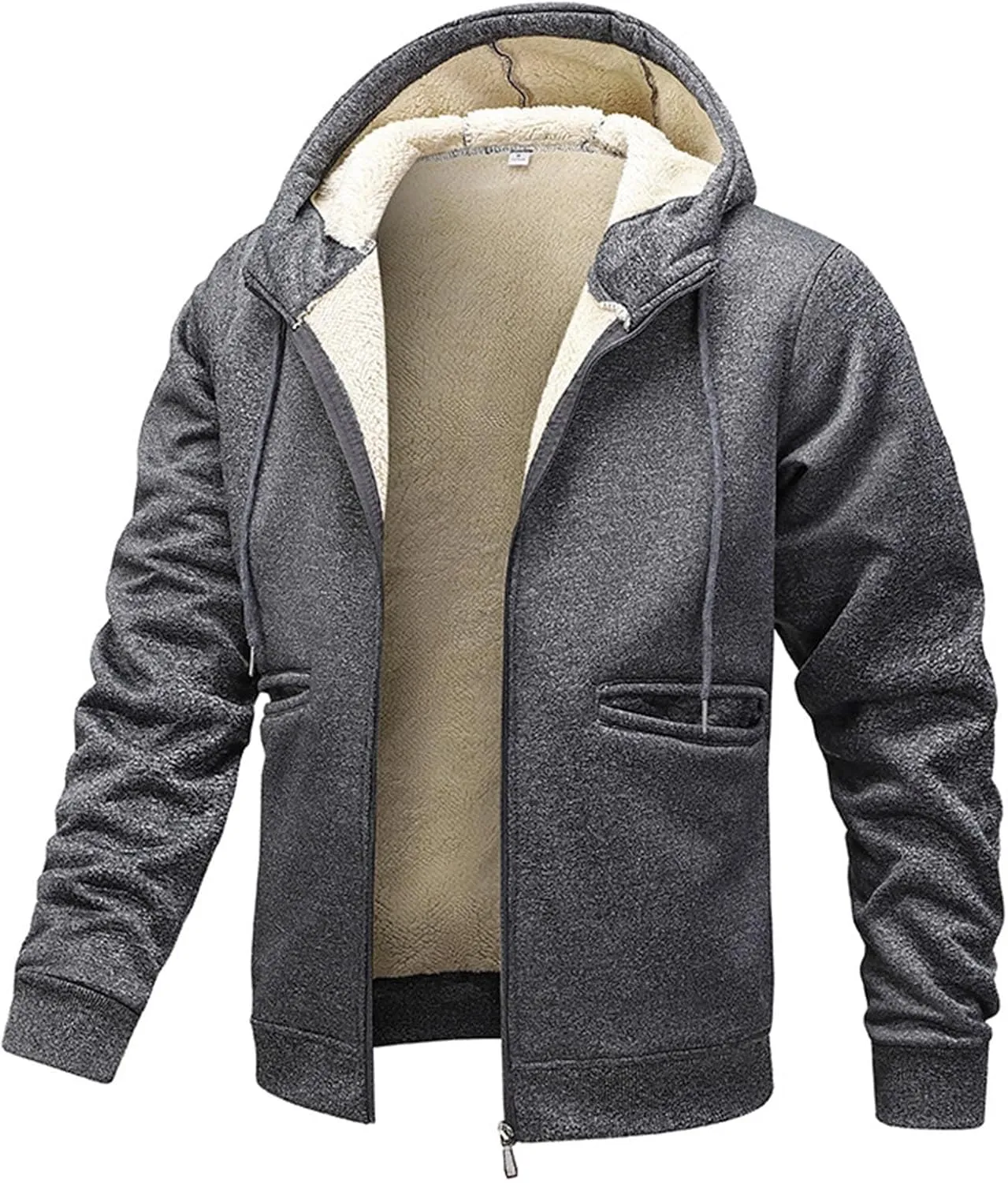 Men's Fall Winter Sherpa Coat Fleece Lined Long Sleeve Zip Up Outerwear Casual Warm Solid Drawstring Hooded Jacket