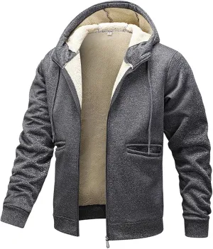 Men's Fall Winter Sherpa Coat Fleece Lined Long Sleeve Zip Up Outerwear Casual Warm Solid Drawstring Hooded Jacket