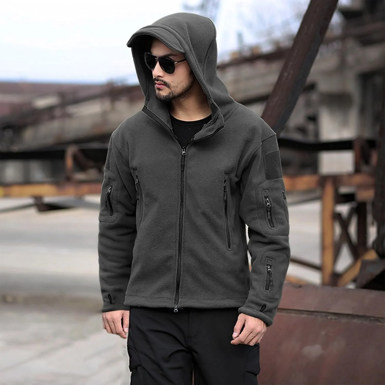 Men's Military Army Jacket Tactical Full Zip Fleece Hoodie Outdoor Hiking Sport Warm Coat Pocket with Zipper Fall Winter