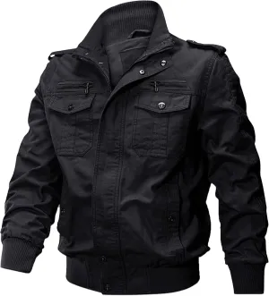 Men's Multi Pockets Cotton Cargo Jackets Zip Front Stand Collar Military Jackets Casual Loose Bomber Jacket