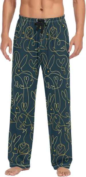 Mens Pajama Pants Rabbit on Black Background Lounge Pants with Pockets,Elastic Waist Sleep Bottoms-S