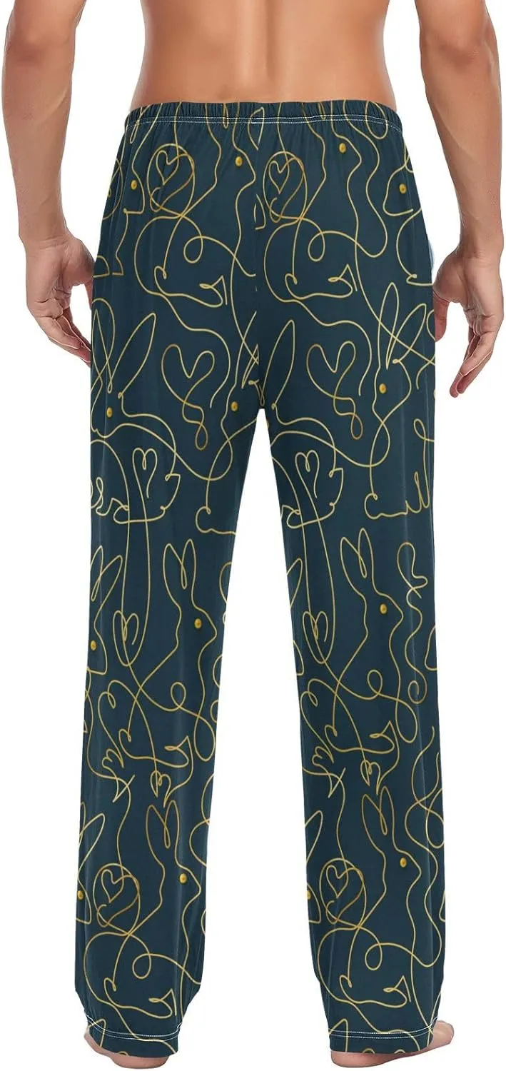 Mens Pajama Pants Rabbit on Black Background Lounge Pants with Pockets,Elastic Waist Sleep Bottoms-S