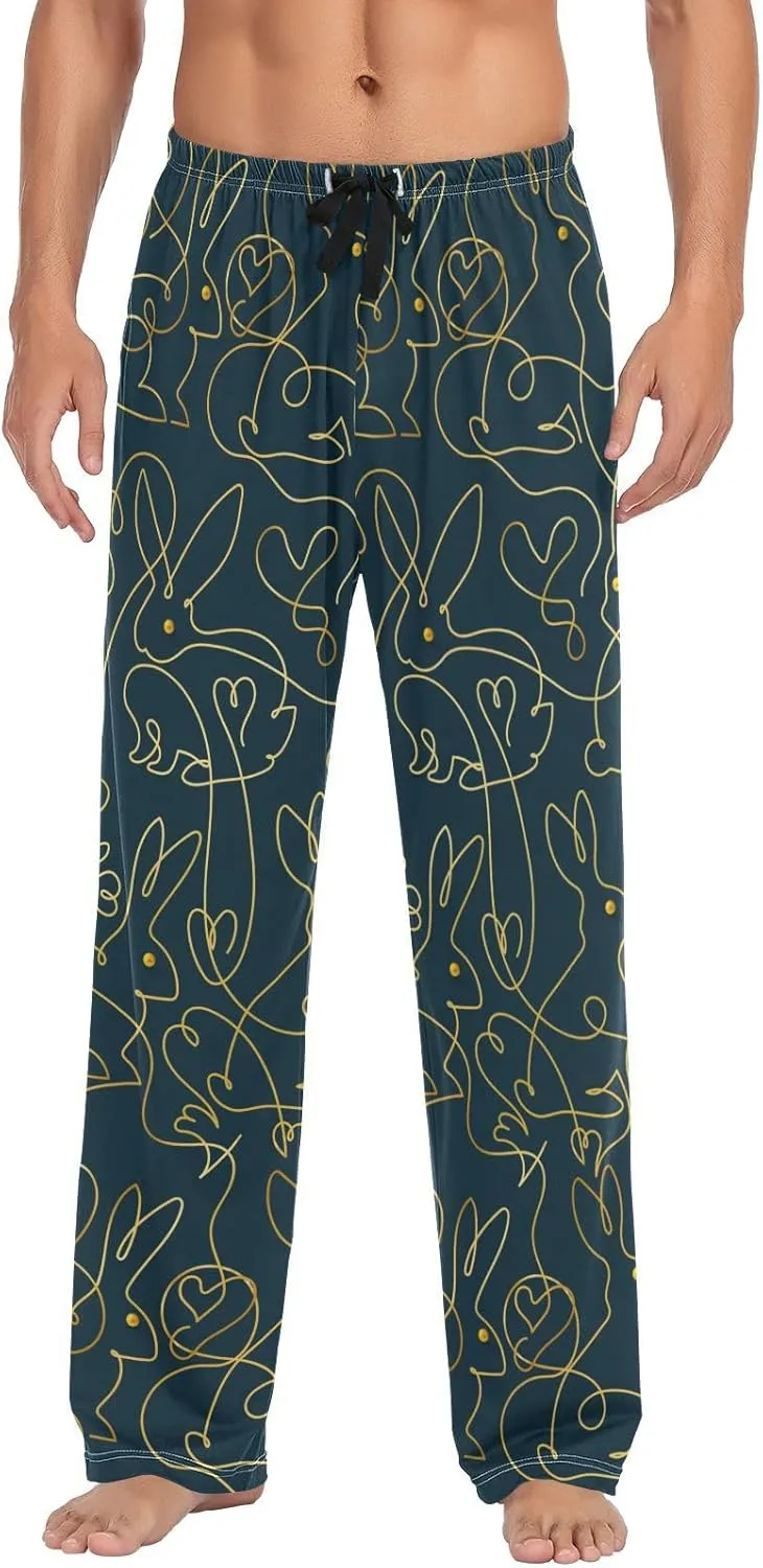 Mens Pajama Pants Rabbit on Black Background Lounge Pants with Pockets,Elastic Waist Sleep Bottoms-S