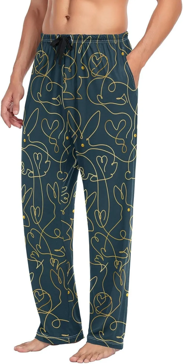 Mens Pajama Pants Rabbit on Black Background Lounge Pants with Pockets,Elastic Waist Sleep Bottoms-S