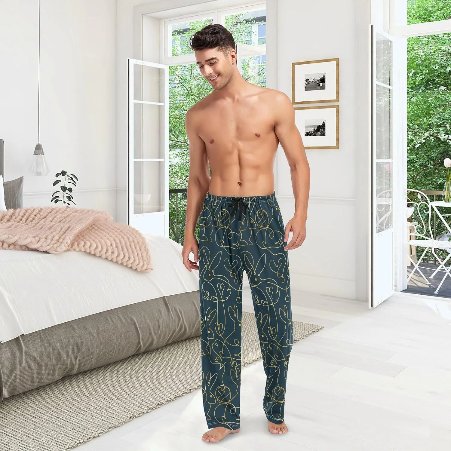 Mens Pajama Pants Rabbit on Black Background Lounge Pants with Pockets,Elastic Waist Sleep Bottoms-S