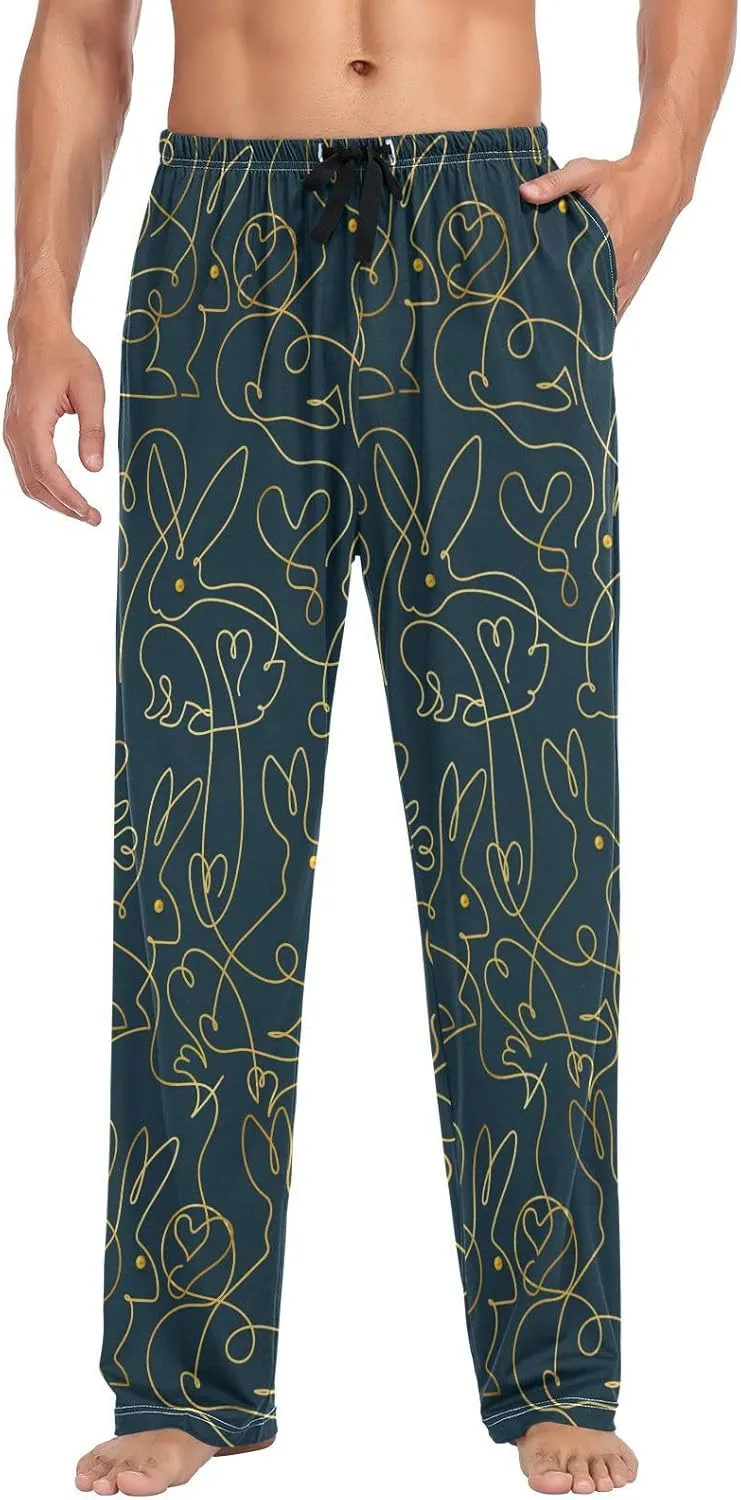 Mens Pajama Pants Rabbit on Black Background Lounge Pants with Pockets,Elastic Waist Sleep Bottoms-S
