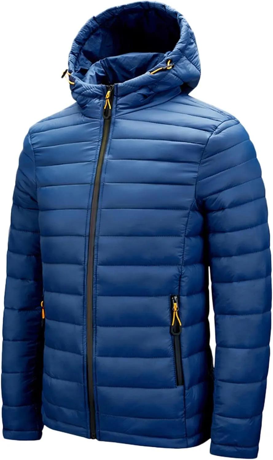 Mens Puffer Jacket with Hood Lightweight Slim Fit Jacket Long Sleeve Zip Up Hoodie Quilted Down Coat Winter Outwear